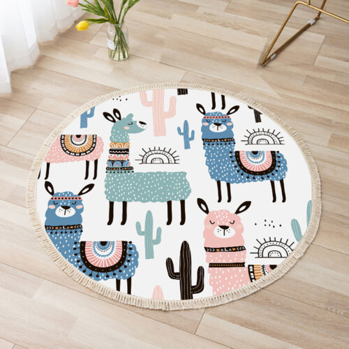 2x 120cm Alpaca Cactus Pattern Rug Desert Animals Non-Slip Round Area Rugs - Image 2