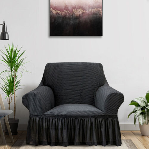 1-Seater Dark Grey Sofa Cover Stretch Ruffled Skirt Couch Protector Lounge Slipcover - Image 2