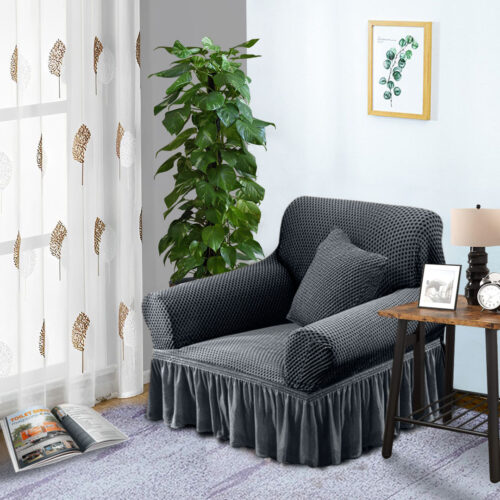 1-Seater Dark Grey Sofa Cover Stretch Ruffled Skirt Couch Protector Lounge Slipcover - Image 3
