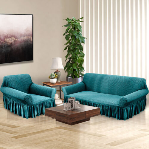 1-Seater Blue Sofa Cover Stretch Ruffled Skirt Couch Protector Lounge Slipcover - Image 4