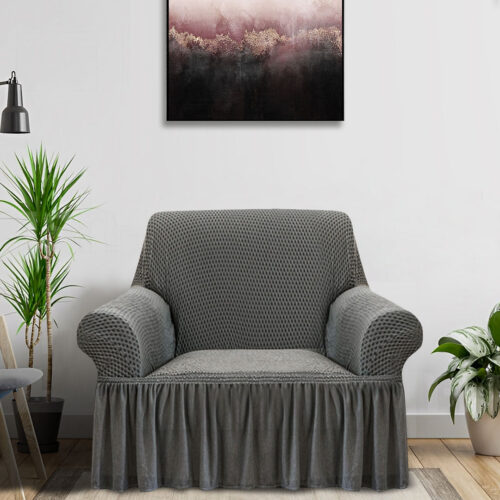 1-Seater Grey Sofa Cover Stretch Ruffled Skirt Couch Protector Lounge Slipcover - Image 2