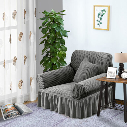 1-Seater Grey Sofa Cover Stretch Ruffled Skirt Couch Protector Lounge Slipcover - Image 3