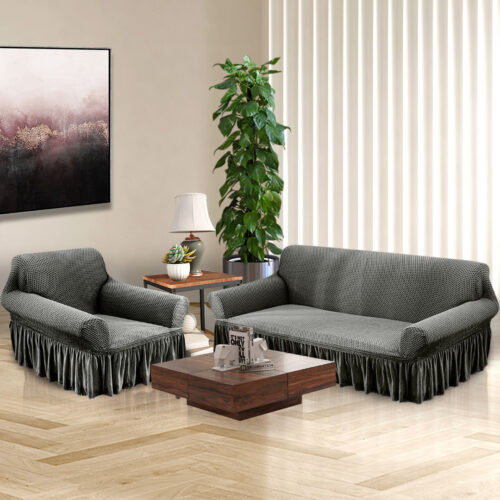 1-Seater Grey Sofa Cover Stretch Ruffled Skirt Couch Protector Lounge Slipcover - Image 4
