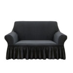 2-Seater Dark Grey Sofa Cover Stretch Ruffled Skirt Couch Protector Lounge Slipcover
