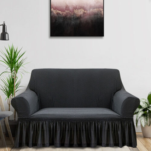 2-Seater Dark Grey Sofa Cover Stretch Ruffled Skirt Couch Protector Lounge Slipcover - Image 2