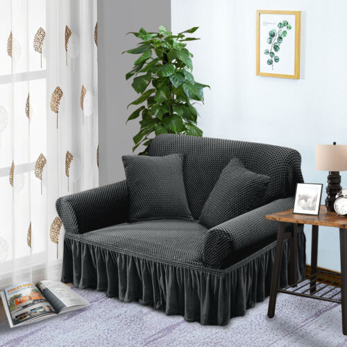 2-Seater Dark Grey Sofa Cover Stretch Ruffled Skirt Couch Protector Lounge Slipcover - Image 3