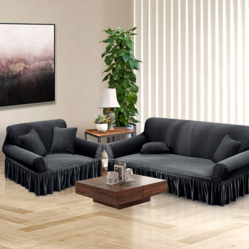 2-Seater Dark Grey Sofa Cover Stretch Ruffled Skirt Couch Protector Lounge Slipcover - Image 4