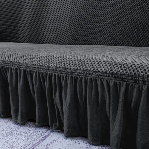 2-Seater Dark Grey Sofa Cover Stretch Ruffled Skirt Couch Protector Lounge Slipcover - Image 5