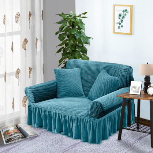2-Seater Blue Sofa Cover Stretch Ruffled Skirt Couch Protector Lounge Slipcover - Image 3