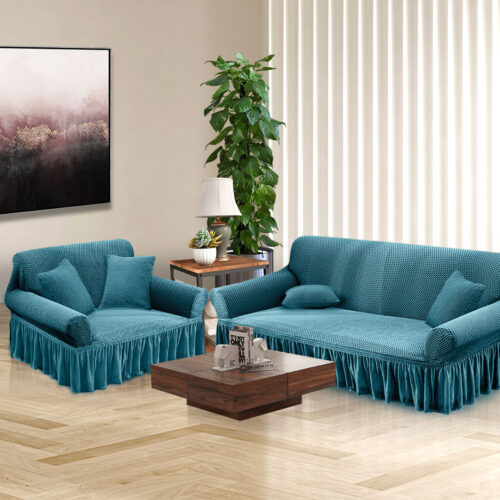 2-Seater Blue Sofa Cover Stretch Ruffled Skirt Couch Protector Lounge Slipcover - Image 4