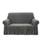 2-Seater Grey Sofa Cover Stretch Ruffled Skirt Couch Protector Lounge Slipcover