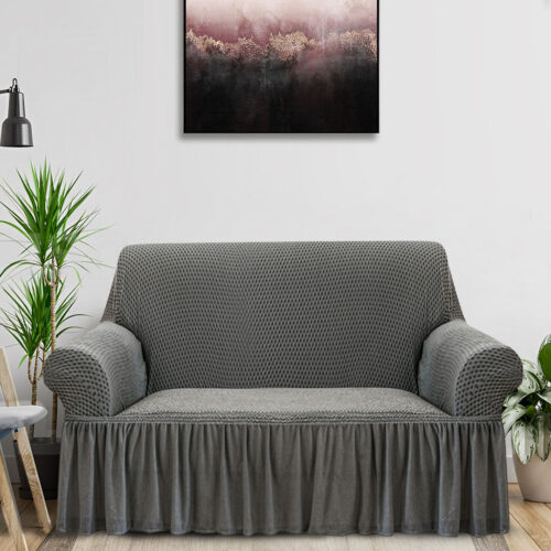 2-Seater Grey Sofa Cover Stretch Ruffled Skirt Couch Protector Lounge Slipcover - Image 2