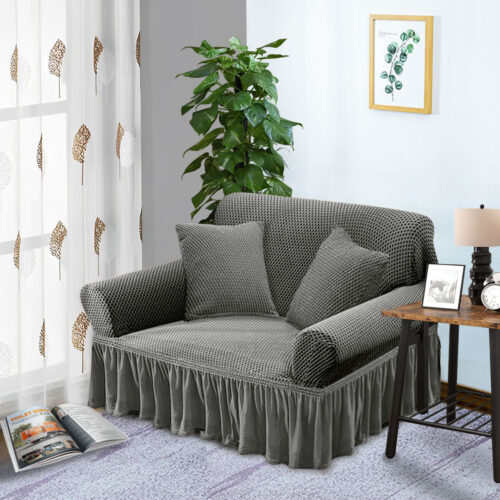 2-Seater Grey Sofa Cover Stretch Ruffled Skirt Couch Protector Lounge Slipcover - Image 3