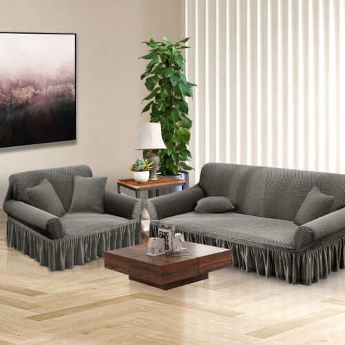 2-Seater Grey Sofa Cover Stretch Ruffled Skirt Couch Protector Lounge Slipcover - Image 4