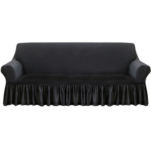 3-Seater Dark Grey Sofa Cover Stretch Ruffled Skirt Couch Protector Lounge Slipcover