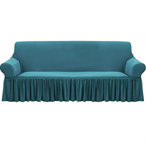 3-Seater Blue Sofa Cover Stretch Ruffled Skirt Couch Protector Lounge Slipcover