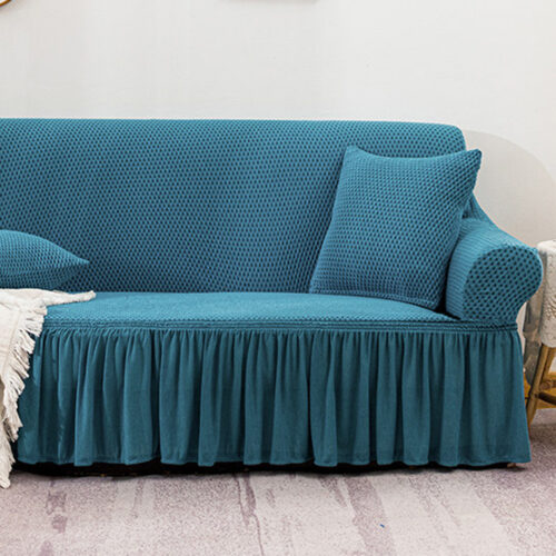 3-Seater Blue Sofa Cover Stretch Ruffled Skirt Couch Protector Lounge Slipcover - Image 4