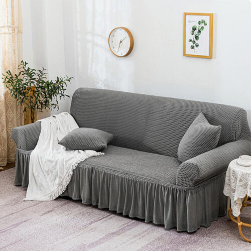 3-Seater Grey Sofa Cover Stretch Ruffled Skirt Couch Protector Lounge Slipcover - Image 2