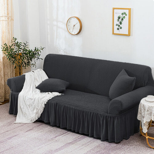 4-Seater Dark Grey Sofa Cover Stretch Ruffled Skirt Couch Protector Lounge Slipcover - Image 3
