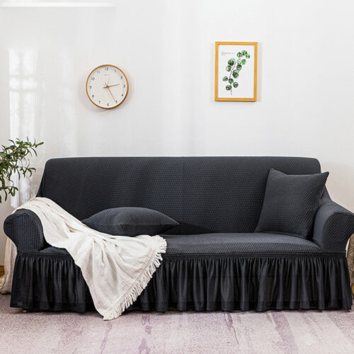 4-Seater Dark Grey Sofa Cover Stretch Ruffled Skirt Couch Protector Lounge Slipcover - Image 4