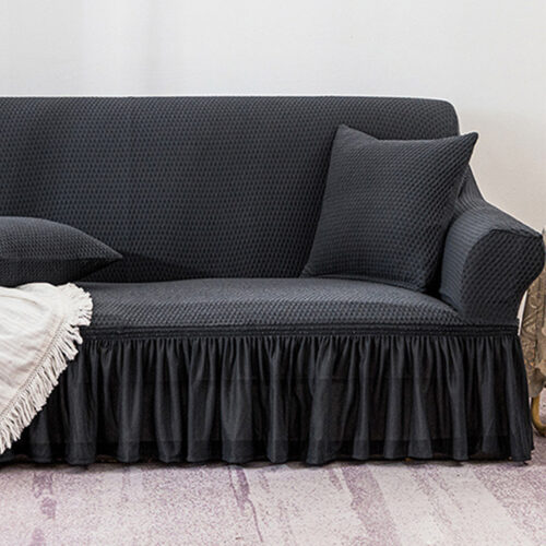 4-Seater Dark Grey Sofa Cover Stretch Ruffled Skirt Couch Protector Lounge Slipcover - Image 5