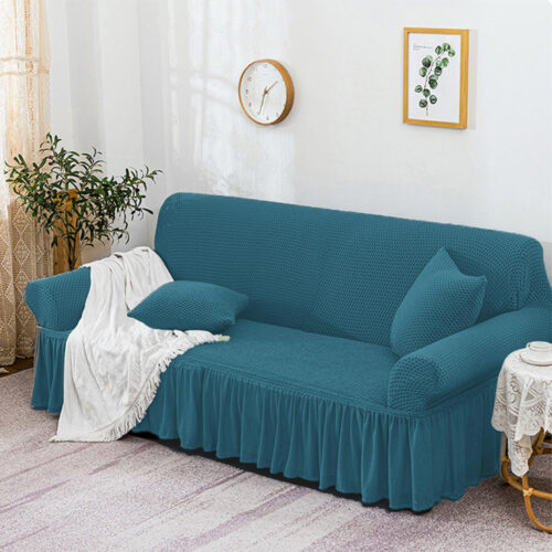 4-Seater Blue Sofa Cover Stretch Ruffled Skirt Couch Protector Lounge Slipcover - Image 2