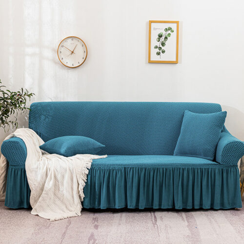 4-Seater Blue Sofa Cover Stretch Ruffled Skirt Couch Protector Lounge Slipcover - Image 3