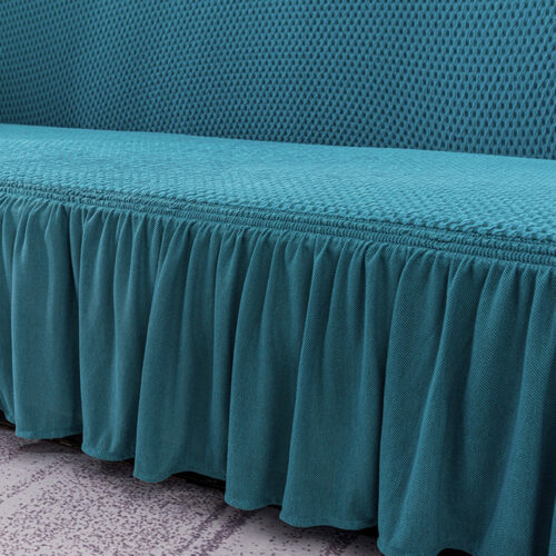 4-Seater Blue Sofa Cover Stretch Ruffled Skirt Couch Protector Lounge Slipcover - Image 6
