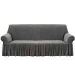 4-Seater Grey Sofa Cover Stretch Ruffled Skirt Couch Protector Lounge Slipcover