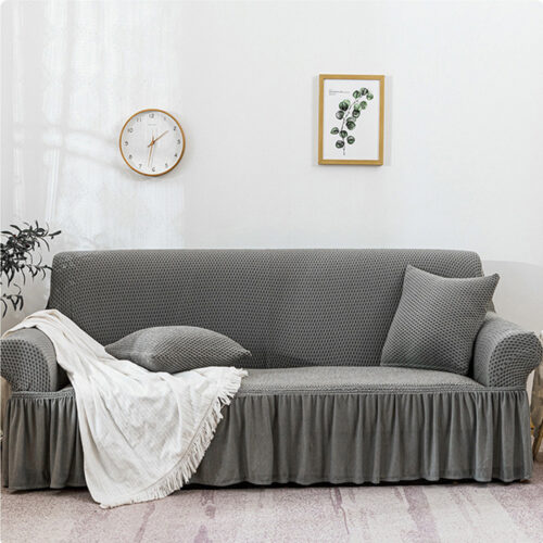 4-Seater Grey Sofa Cover Stretch Ruffled Skirt Couch Protector Lounge Slipcover - Image 3