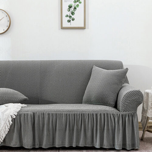 4-Seater Grey Sofa Cover Stretch Ruffled Skirt Couch Protector Lounge Slipcover - Image 4