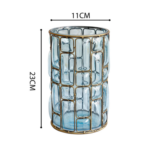 Blue Colored European Glass Cylinder Flower Vase with Gold Metal Pattern - Image 3