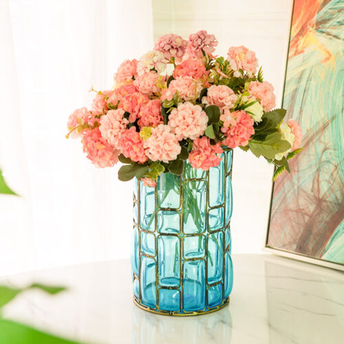 Blue Colored European Glass Cylinder Flower Vase with Gold Metal Pattern - Image 4