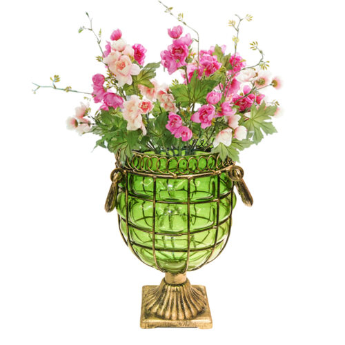 Green Colored European Glass Jar Flower Vase Solid Base with Metal Handle - Image 2