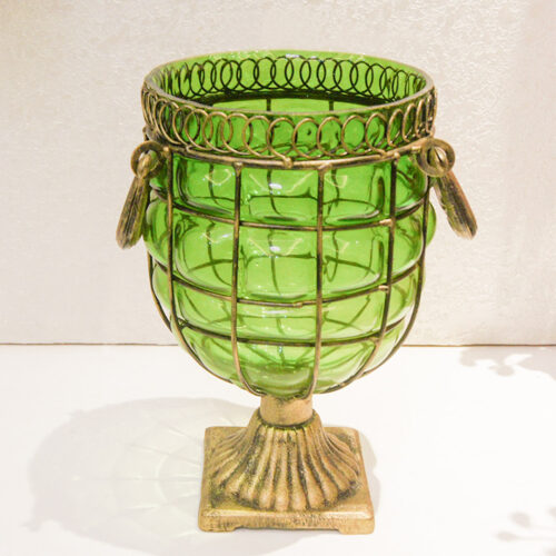 Green Colored European Glass Jar Flower Vase Solid Base with Metal Handle - Image 3