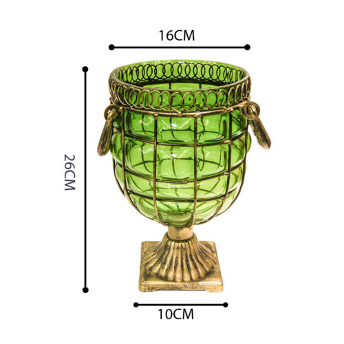 Green Colored European Glass Jar Flower Vase Solid Base with Metal Handle - Image 4