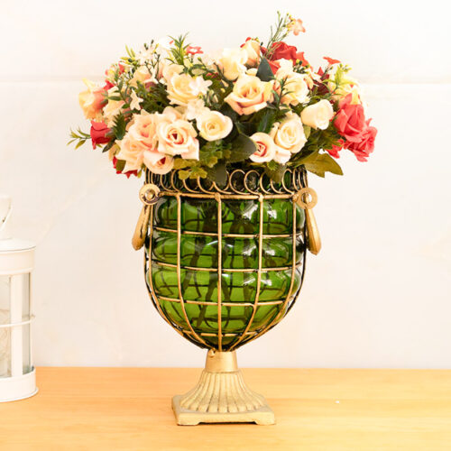Green Colored European Glass Jar Flower Vase Solid Base with Metal Handle - Image 5