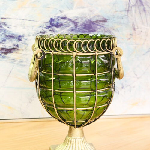 Green Colored European Glass Jar Flower Vase Solid Base with Metal Handle - Image 6
