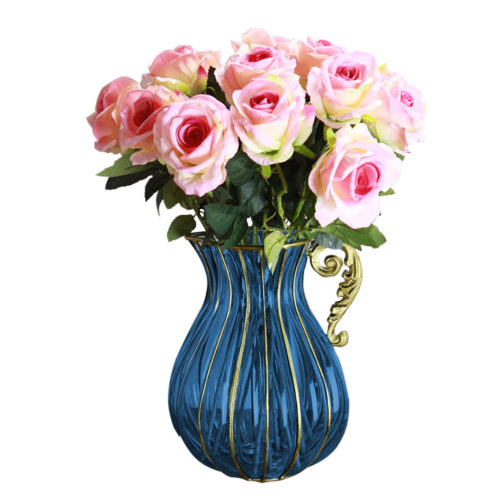 Blue European Colored Glass Decor Jar Flower Vase with Metal Handle - Image 2