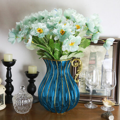 Blue European Colored Glass Decor Jar Flower Vase with Metal Handle - Image 3