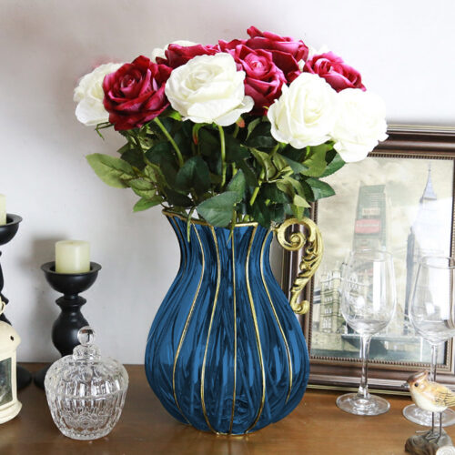Blue European Colored Glass Decor Jar Flower Vase with Metal Handle - Image 4