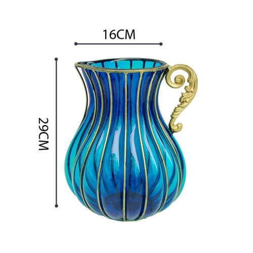 Blue European Colored Glass Decor Jar Flower Vase with Metal Handle - Image 5