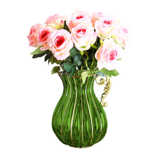 Green European Colored Glass Decor Jar Flower Vase with Metal Handle - Image 2