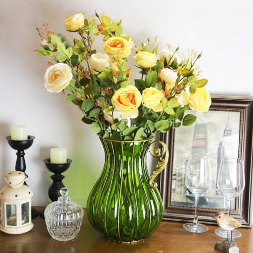 Green European Colored Glass Decor Jar Flower Vase with Metal Handle - Image 3