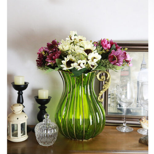 Green European Colored Glass Decor Jar Flower Vase with Metal Handle - Image 4