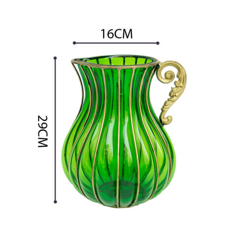 Green European Colored Glass Decor Jar Flower Vase with Metal Handle - Image 5