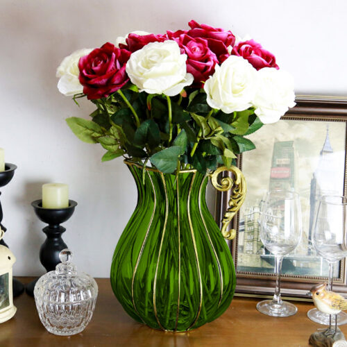 Green European Colored Glass Decor Jar Flower Vase with Metal Handle - Image 6