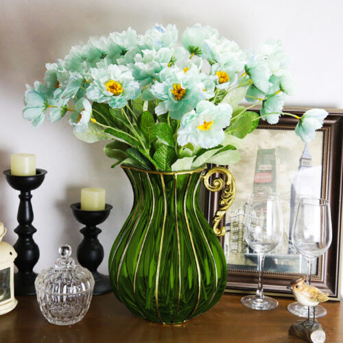 Green European Colored Glass Decor Jar Flower Vase with Metal Handle - Image 7