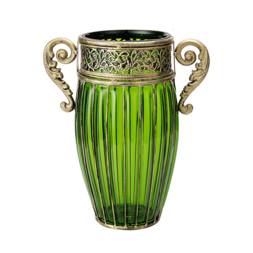 Green European Colored Glass Decor Jar Flower Vase with Two Metal Handle