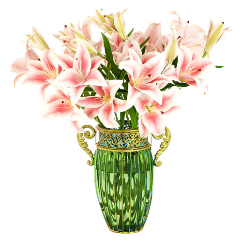 Green European Colored Glass Decor Jar Flower Vase with Two Metal Handle - Image 2